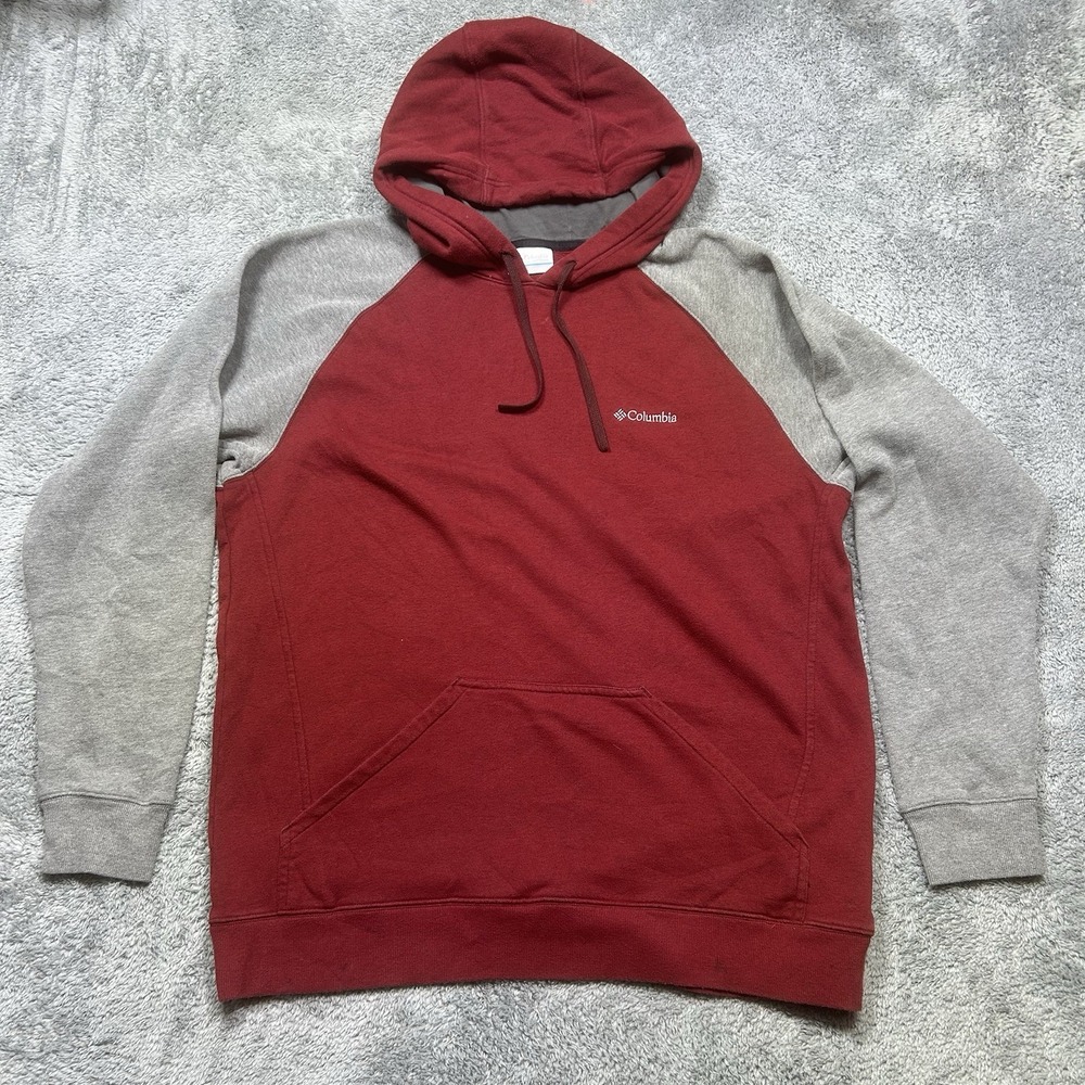 Columbia Hart Mountain II Hoodie Men's L Red Gray Raglan Pocket Outdoor Pullover